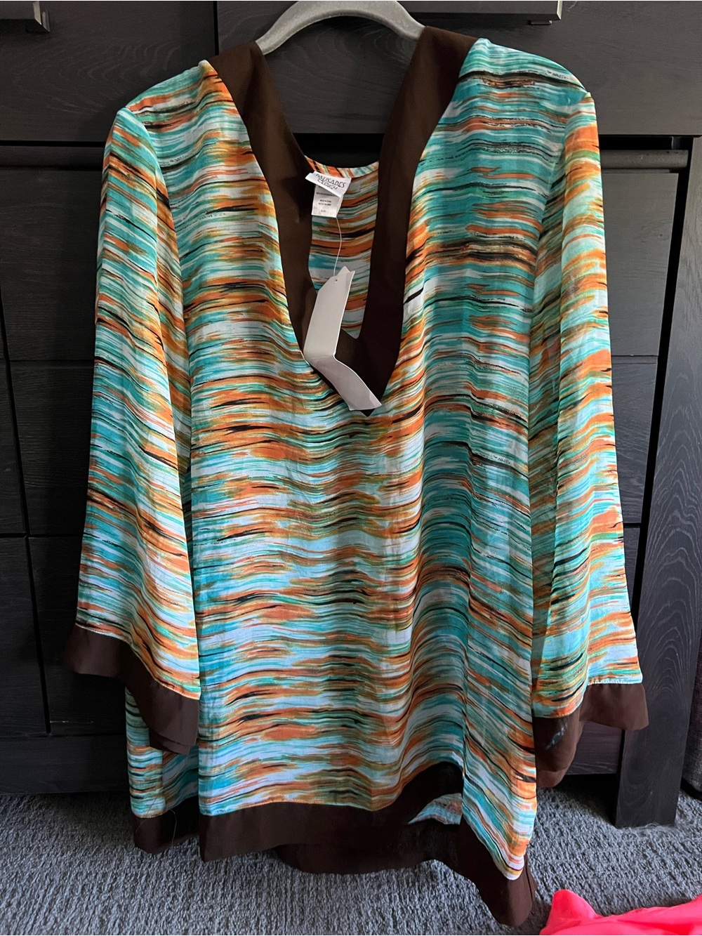 Women's Turquoise Multi-Striped Swim Coverup with Brown Trim